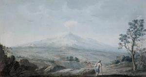 Veduta Dell'etna Dall'entroterra, Con Un Pastore