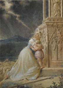 Bergere Avec Son Enfant Et Son Troupeau De Moutons Priant Devant Un Autel Par Temps D'orage by Pierre Henri Revoil