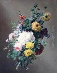 A Bouquet Of Dahlias, Larkspur And Roses by Claude Louis Marie Revol
