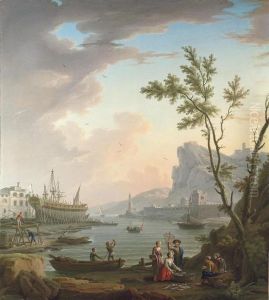 A Mountainous Coastal Landscape With Fishermen On A Bank, A Boat Being Built And A Town Beyond by Philippe Rey