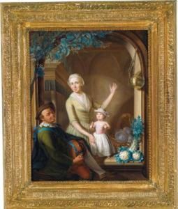 Un Giovane Donna Con Bambino All""""interno Di Una Chiesa Con Unsuonatore Di Organetto In Primo Piano by Nicolaas Reyers