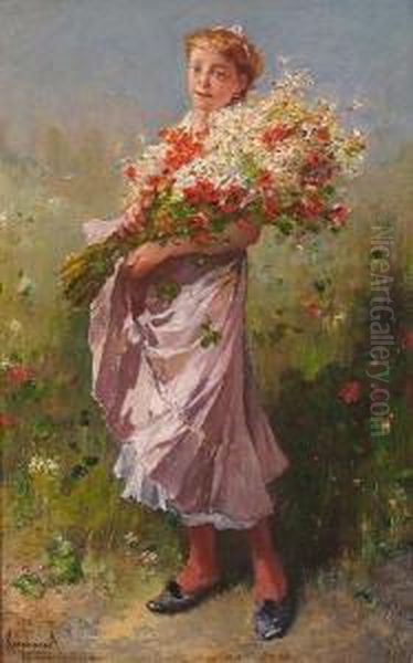 A Young Girl With An Armful Of Flowers. - view 1