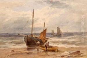 Coastal View With Fishermen By Their Boats by Frederick George Reynolds