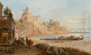 Zwei Hafenansichten Italienischer Kustenorte Mitpersonenstaffage by Felice A. Rezia