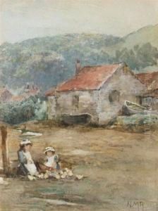 Children With Ducklings By An Estuary - Signed With Initials,watercolour by Henry Maynell Rheam
