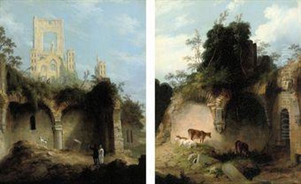 Figures Before Kirkstall Abbey - view 1