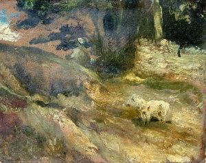 Figure And Sheep In A Landscape, Sketch by John Nicholas Rhodes