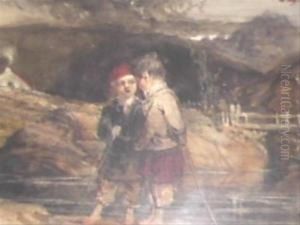 Two Boys Standing By A Stream by John Nicholas Rhodes