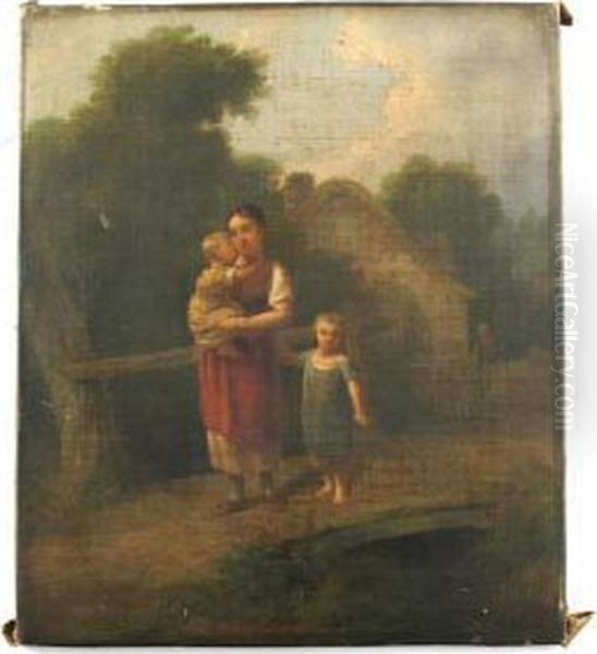 A Woman And Her Two Children On A Bridge - view 1