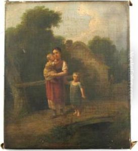 A Woman And Her Two Children On A Bridge by Joseph Rhodes