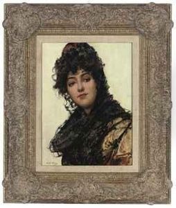 Portrait Of A Spanish Girl, Small Half-length, In Traditionaldress by Oliver Rhys