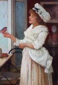 A Young Woman At A Window With A Finch Perched On Her Hand by Oliver Rhys