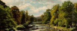 "paisaje Con Pescador En El Rio". by Agustin Riancho Y Mora