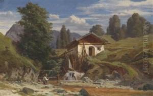 Young Angler By A Stream by Rudolf Ribarz