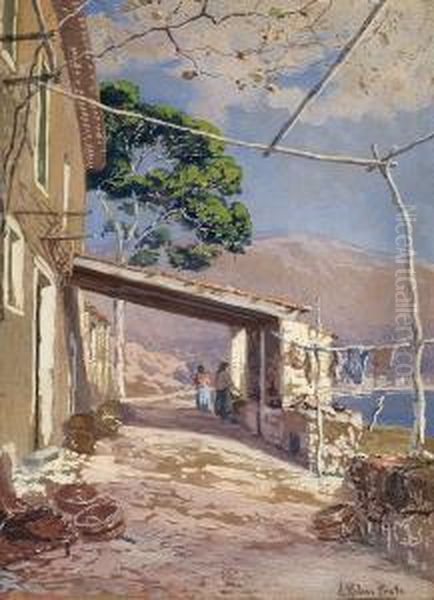 Sommerliche Szene Mit Figurenstaffage Unter Vordach Eines Hauses An Mallorquinischer Bucht - view 1