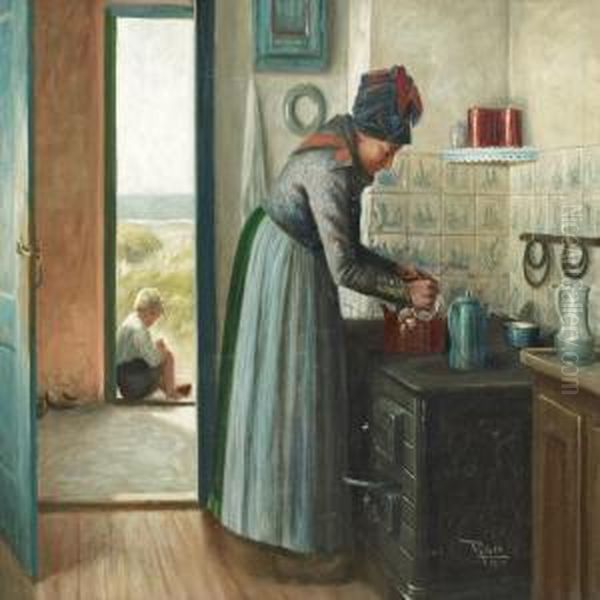 A Fano Woman By The Stove, In The Background A Boy Sitting In An Open Doorway With A View To The Water - view 1