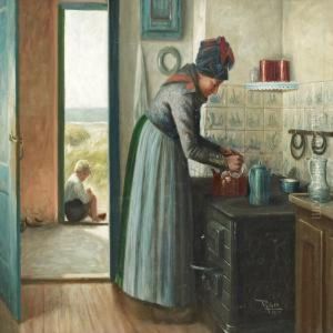 A Fano Woman By The Stove, In The Background A Boy Sitting In An Open Doorway With A View To The Water