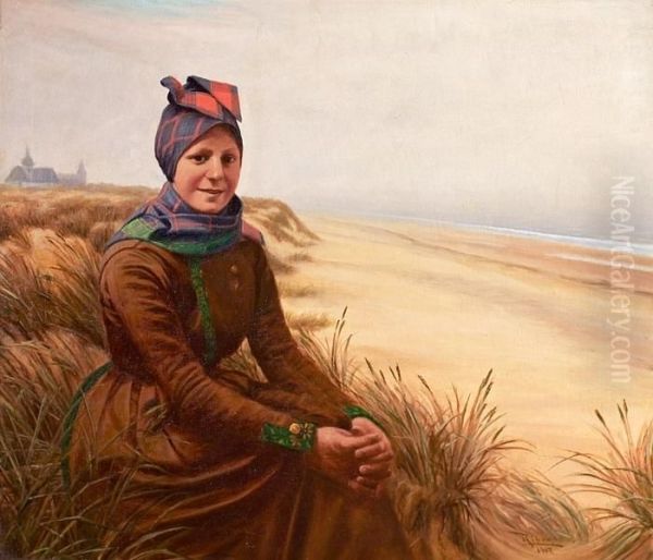 Girl By The Beach, Wearing The Traditional Fanoe Dress. Signed Riber 1912 - view 1