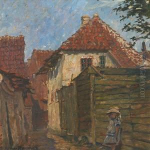 Street Scenery With Girl At A Hoarding, Probably Ribe by Hilmar Riberholt