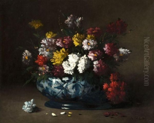 Bouquet De Fleurs Dans Un Vase En Ceramique Bleu Et Blanc - view 1