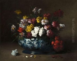 Bouquet De Fleurs Dans Un Vase En Ceramique Bleu Et Blanc by Germain Theodure Clement Ribot
