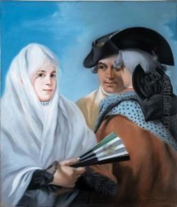 Los Madrileos: A Lady In A White Mantilla Holding A Fan, Withgentlemen In Tricorn Hats; And A Lady With A Mouche In A Red Dressand A White Cape Holding A Fan, With A Gentleman In A Grey Coat Andblack Tricorn Hat Holding A Cane, And A Gentleman In A Brown by Asuncion Ricafort