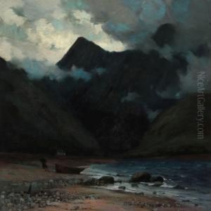 A Man Pulls His Boat Up On The Beach A Late Evening by Georges Ricard-Cordingley