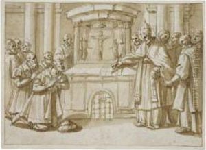 A Pope Drawing Plans On An Altar by Giovanni Battista Ricci Da Novara