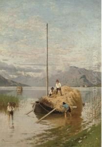 Haybarges On A North Italian Lake by Guido Ricci