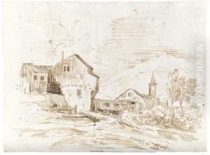 A Mountainous Landscape With Rural Buildings And A Church
