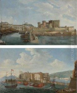 A View Of Castel Dell'ovo From The Bay Of Trentaremi,naples; 
A View Of The Darsena, Naples