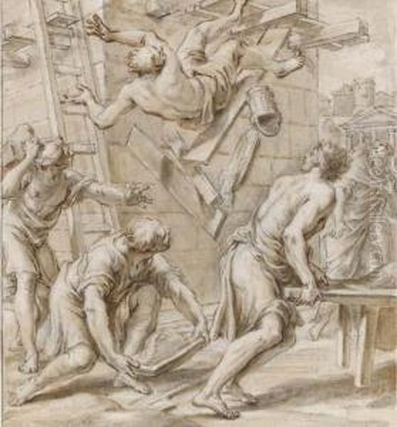 A Worker Falling From Scaffolding, Other Workers Watching From Below - view 1
