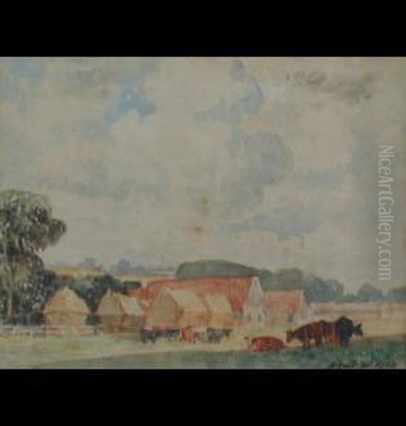 Cattle Grazing Before Barns - view 1