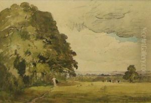 Figure In Meadow With Cattle Beyond by Alfred William Rich