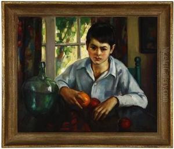 Portrait Of A Boy Holding Fruit Before A Window - view 1