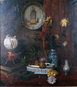Nature Morte Au Vase De Fleurs, A La Lampe A Petrole Et A L'assiette En Nevers