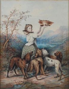 Young Girl And Dogs Before A Landscape by Hetty Richards