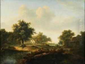 Two Fishermen By A Country Pool, A Cottage And Barns Beyond