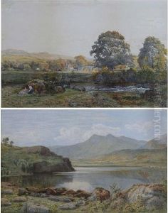 Landscape With Cattle Grazing And Figures By A Stream, Together With Another Of A Lakeside Landscape, A Pair by Richard Peter Richards