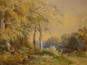 Figures And Deer In A Forest Glade by Richard Peter Richards