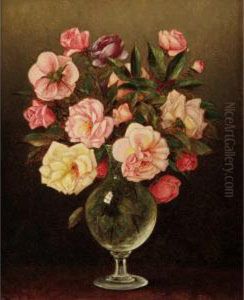 Still Life Of Roses In A Glass Vase by Thomas Addison Richards