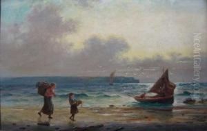 A Calm Sea With Two Fishermen In A Boat, The Harbour Wall And Sailing Vessels Beyond by W.A. Richards
