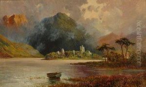 Loch And Highland Landscapewith Rowing Boat At The Water's Edge