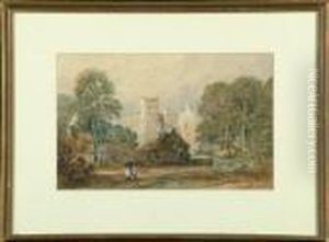 A Farm Near A Ruined Castle With Figures In The Foreground.