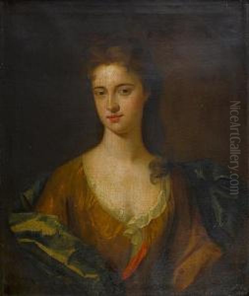 Portrait Of A Lady, Half-length, In A Browndress With A Blue Satin Wrap And A White Chemise, Within A Paintedstone Oval - view 1