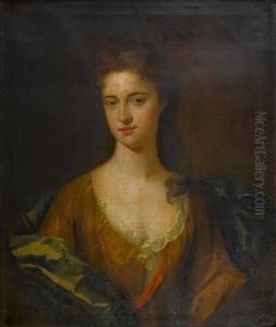 Portrait Of A Lady, Half-length, In A Browndress With A Blue Satin Wrap And A White Chemise, Within A Paintedstone Oval by Jonathan Ii Richardson
