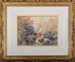 A Waterfall With A Heron On A Rock In The Foreground by Thomas Miles Richardson