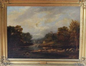 "ovingham" - A View Along The Riverbank Towards The Village And Its Church by Thomas Miles Richardson