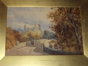 Castle Ruins On A Hilltop, With Figures On A Stone Bridge Before by Thomas Miles Richardson