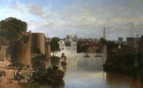 View Of The Ruins Of The Water Tower, Theriver Frontage Of The Guildhall And The Lantern Tower Of The Churchof St. Helens, From The River Ouse, York - view 1